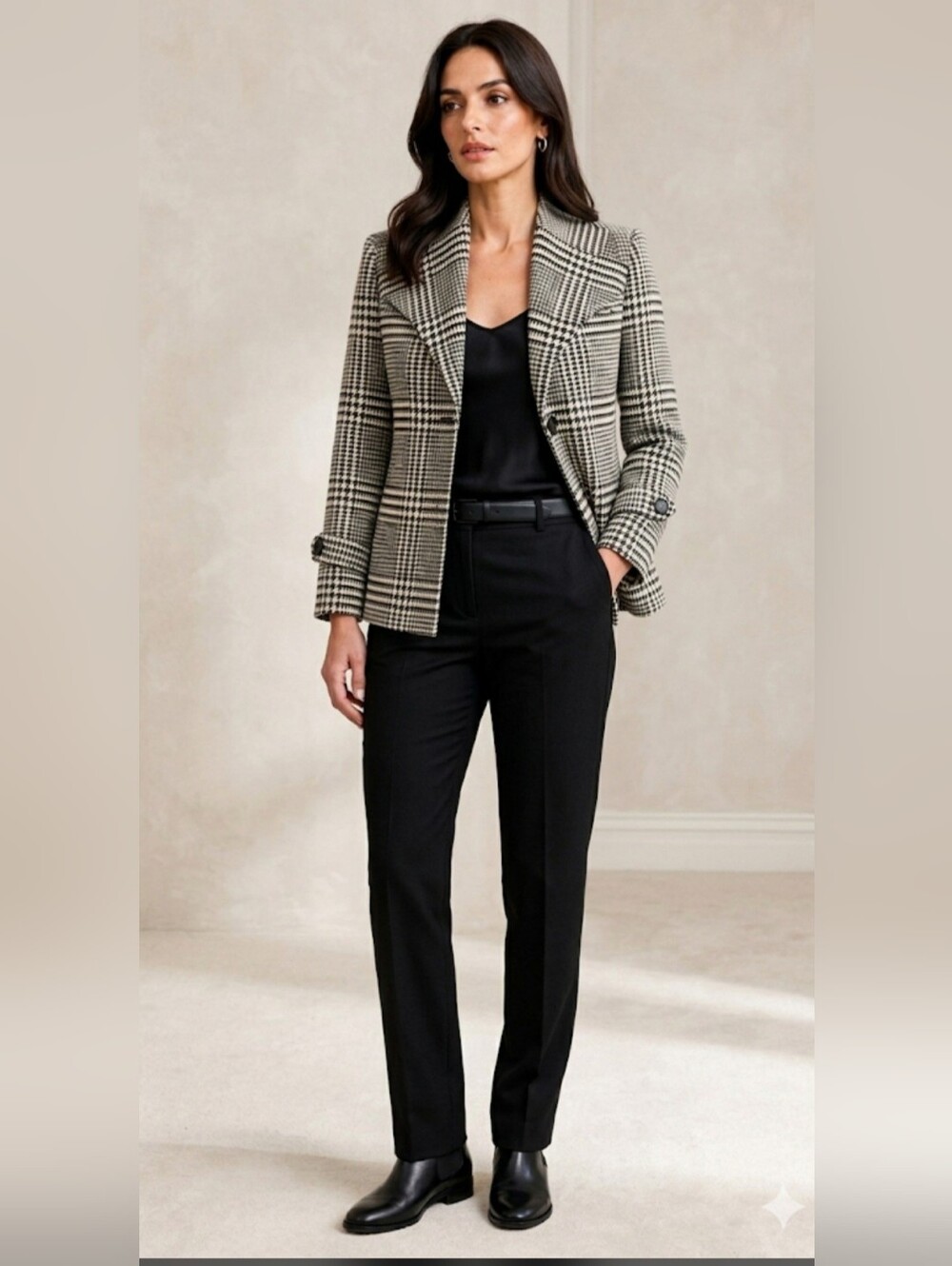Anne Klein Classic 100% Wool Blazer Jacket Office Sz M Houndstooth Black White